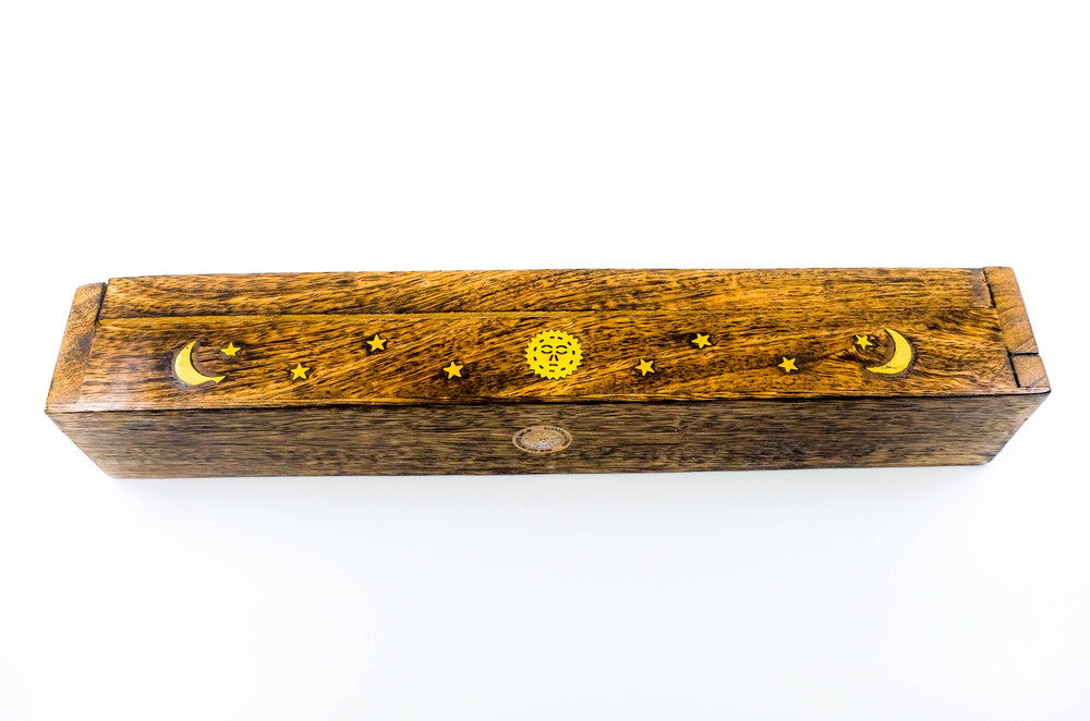 All-In-One Wood Box Incense Burner - Brass Celestial Inlay