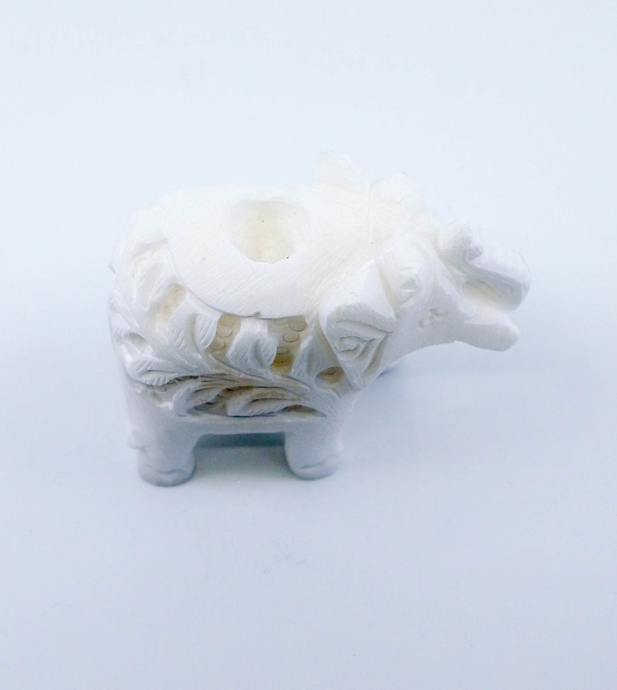 White Stone Carved Elephant Incense Cone Burner