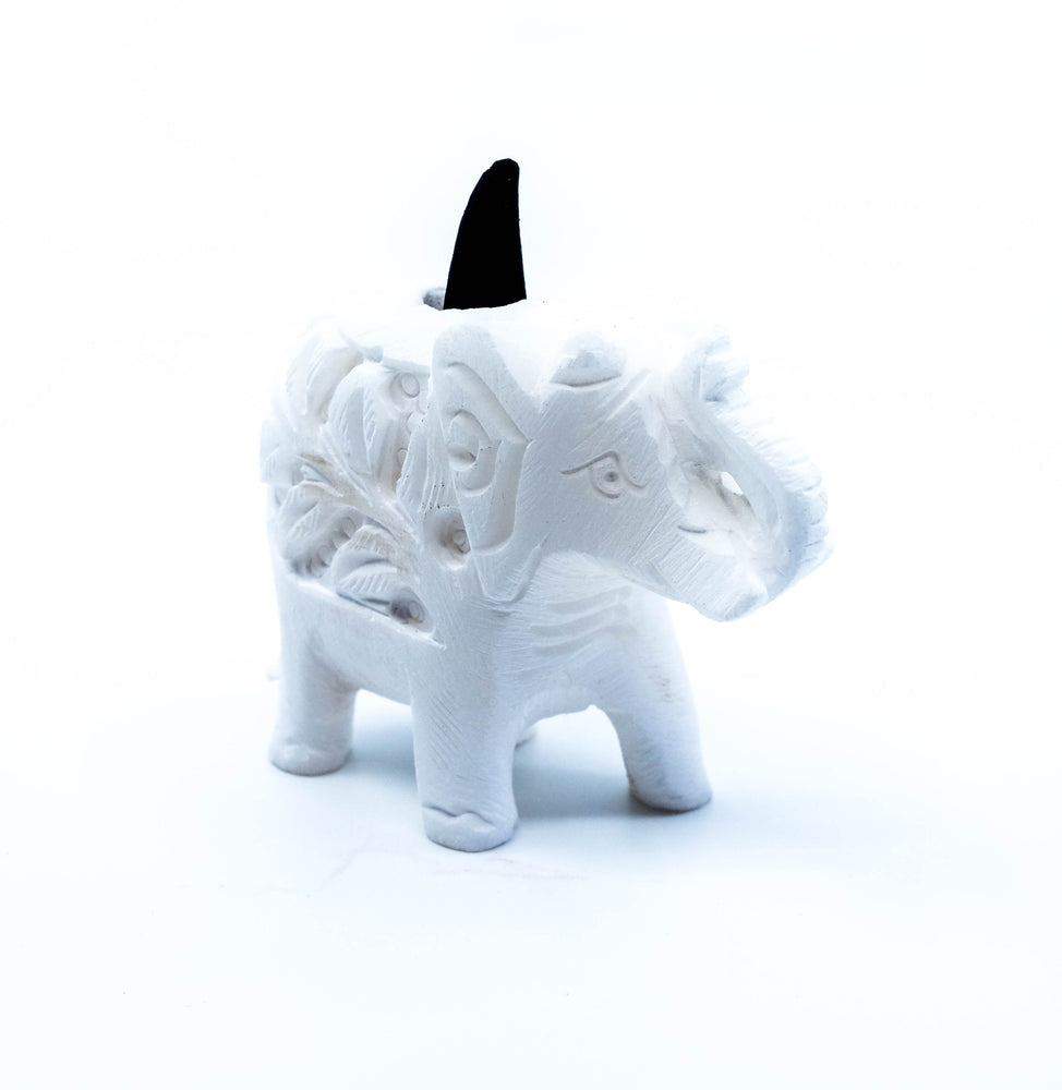 White Stone Carved Elephant Incense Cone Burner