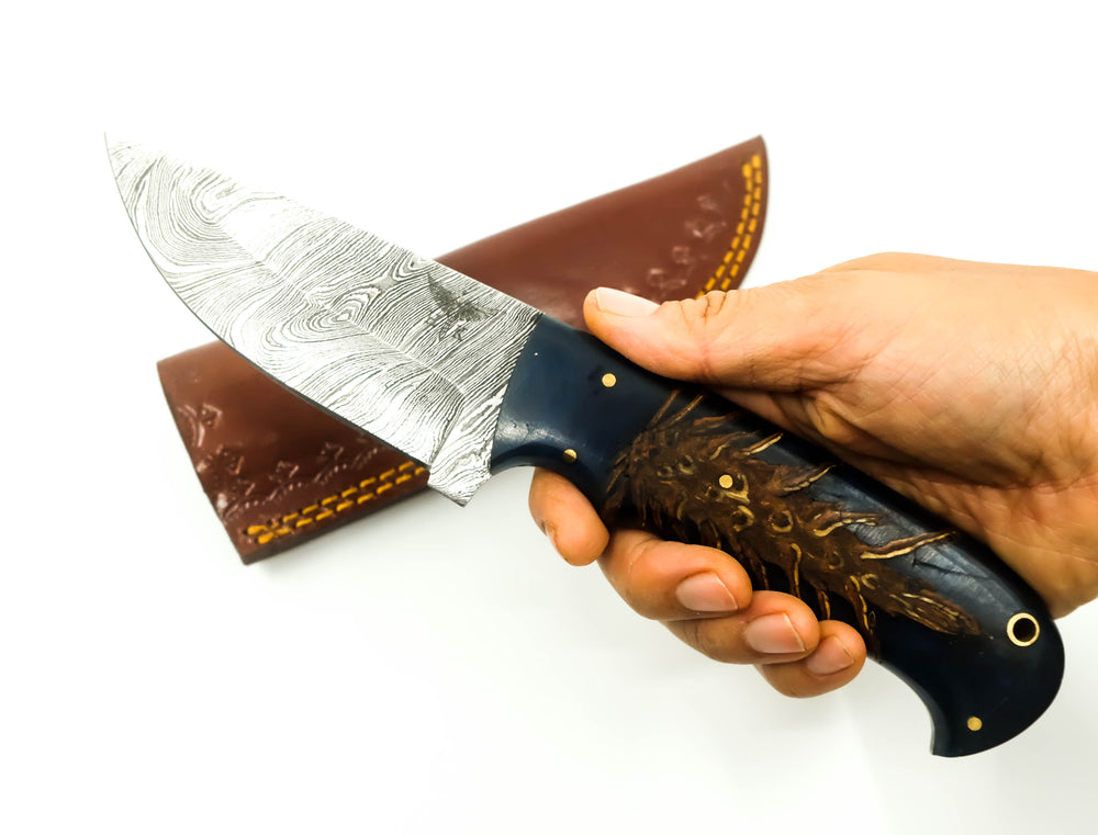 Damascus Skinner Knife - Blue Pinecone Resin