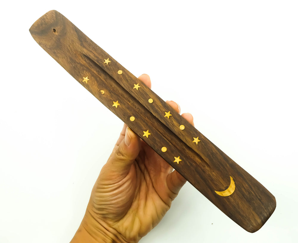 Wood Incense Burner - Star & Moon 10"
